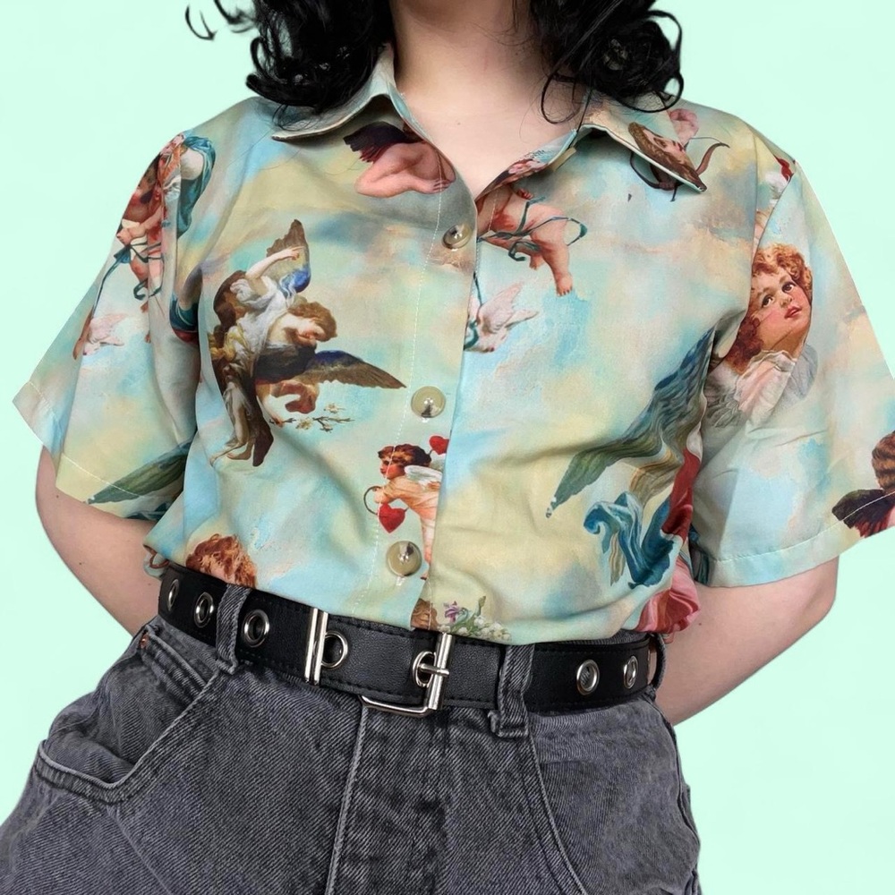 Angel Print Button-Up Shirt